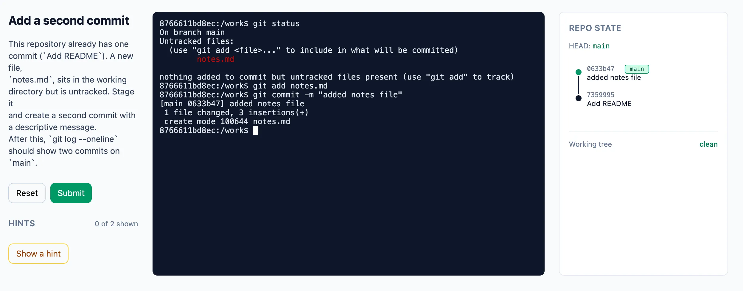 A Kodeshala Git lesson — objective on the left, live terminal in the middle, a visualised repo state with commits on the right