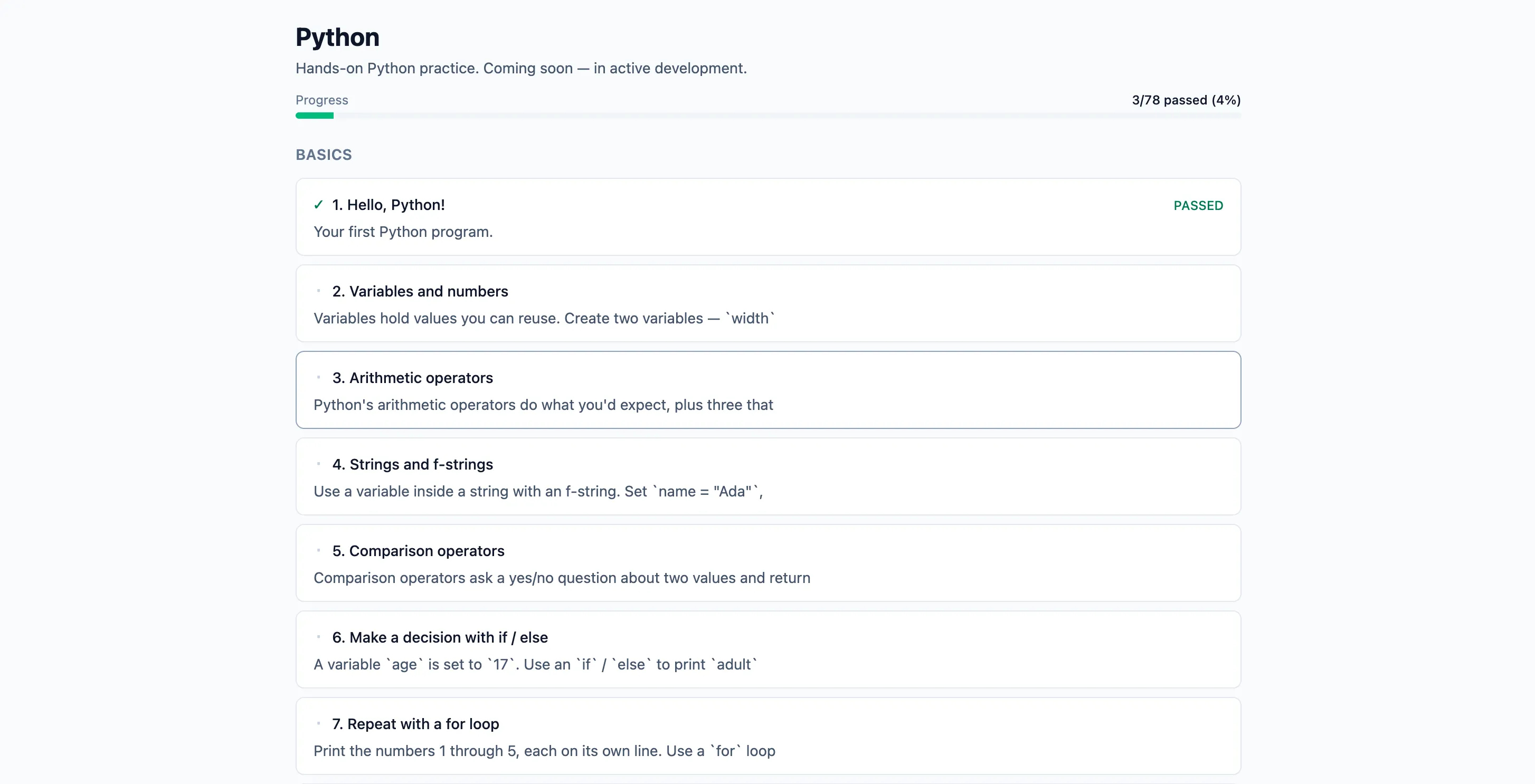 The Python course overview in Kodeshala a progress bar and the list of lessons in the Basics module