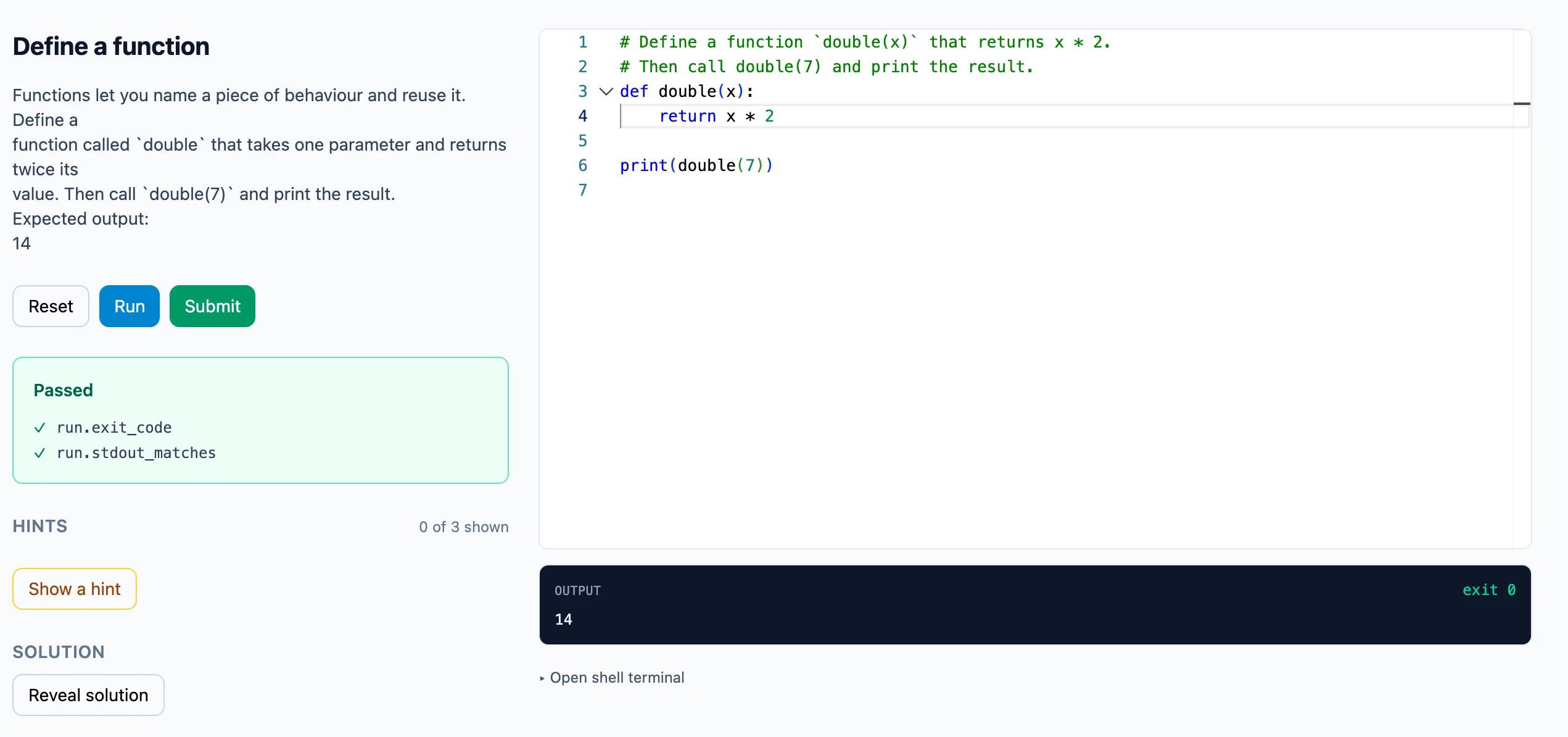 A Python lesson in Kodeshala — Monaco editor on the right, objective and pass/fail feedback on the left